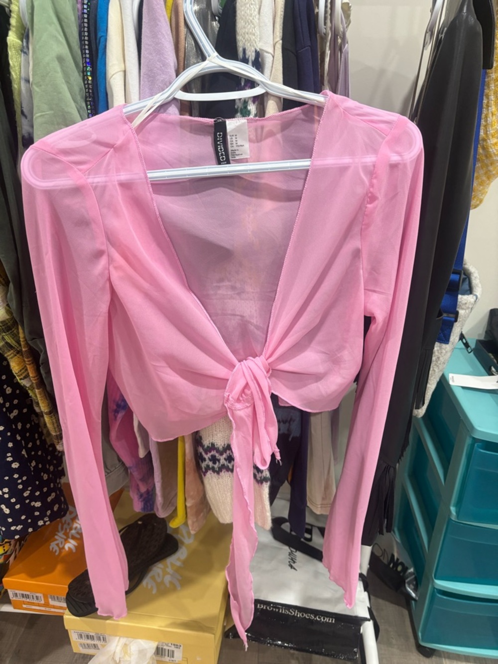 Divided Pink Sheer Tie-Front Long Sleeve Top